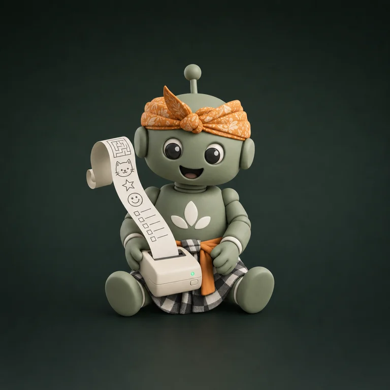 Bert, a little robot in a batik head wrap, holding a printer